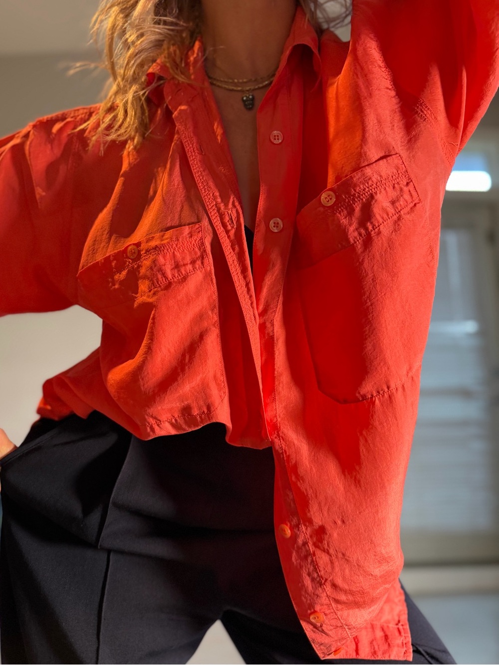 80’s Vintage Karuba 100% Pure Silk Button-Down Shirt in Coral– Size M